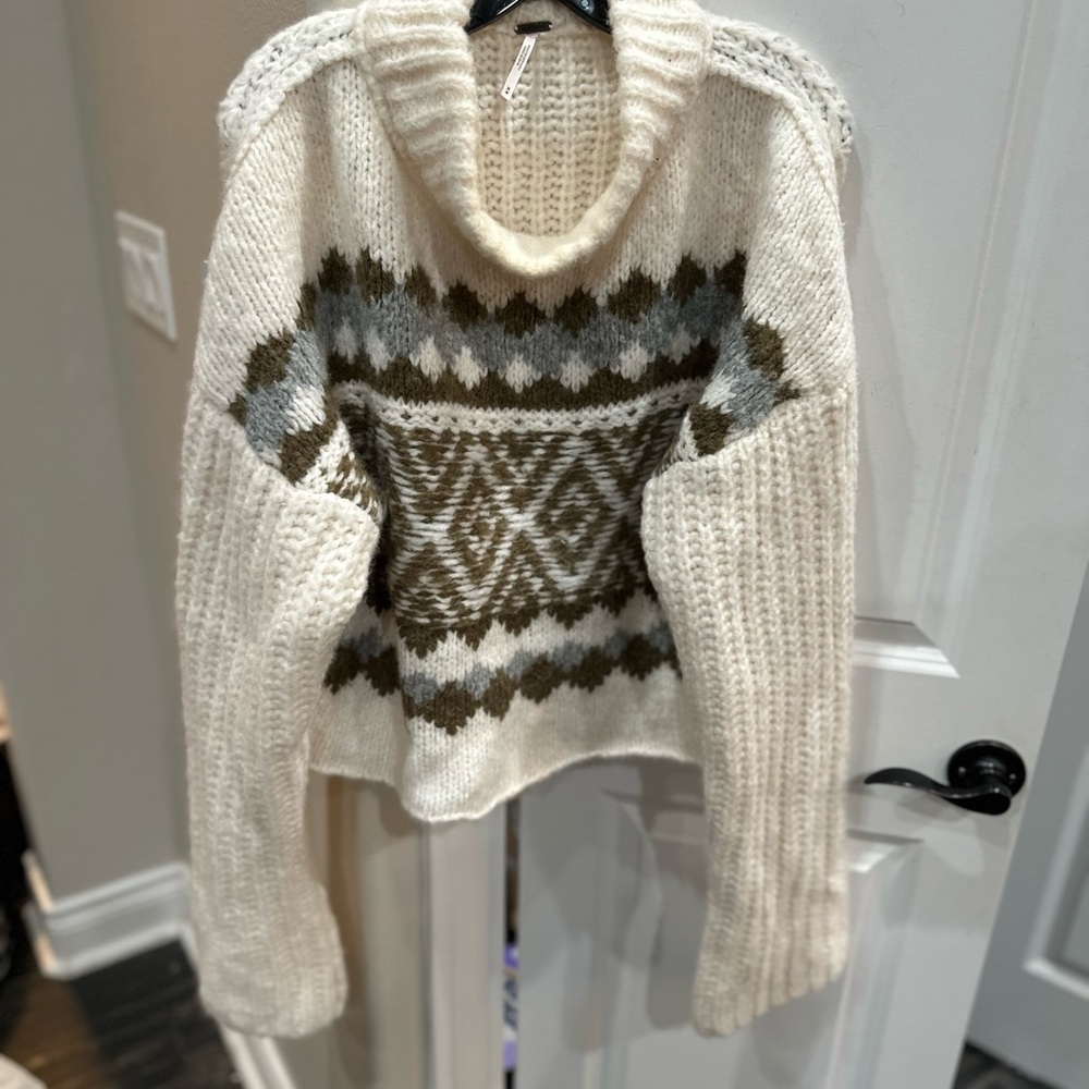 Free People Cream and Brown Patterned Turtleneck Sweater